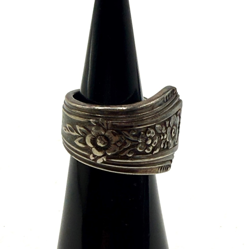 Vintage Floral Spoon Ring Silver Tone Repurposed Flatware Boho Band Size 5.25
